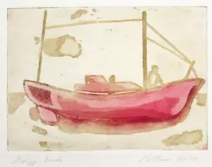 Quadro originale blocco stampa barca da pesca metà secolo astratto anni 70 arte firmato - Foto 1 di 5