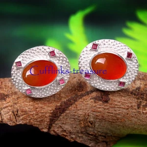 Natural Carnelian & Ruby Gemstones 925 Sterling Silver Cufflinks For Men's #821 - Picture 1 of 6