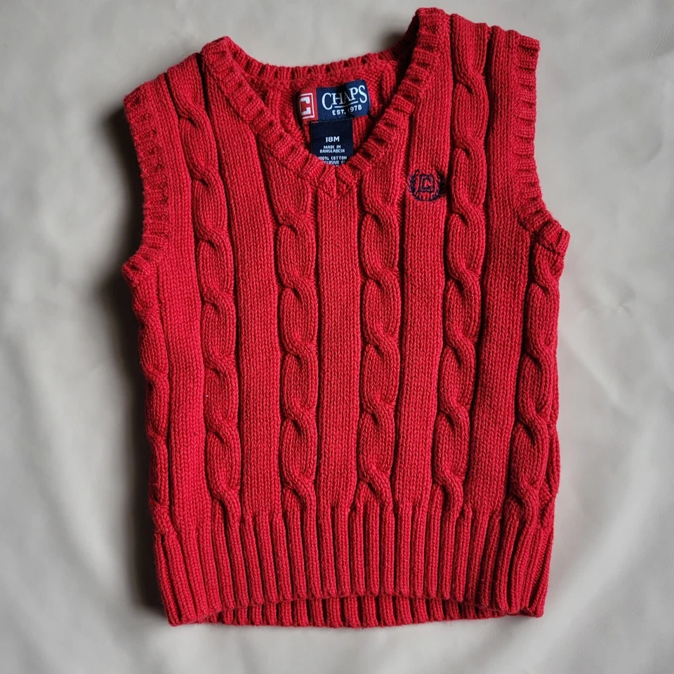 Chaps Est 1978 Boys Red Sweater Vest Sleeveless 100% Cotton 18 M W/Chaps Logo - Image 1 of 4