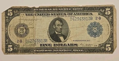 Series 1914 $5 Federal Reserve Note 2-B New York, NY Blue Seal Large Note - Image 1 of 4