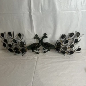 2 Vtg Metal Pair Peacock Green Gold Wall Art Decor Hanging 12” MCM Retro Read - Picture 1 of 13