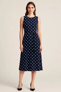 Lauren Ralph Lauren Kleid 2 Navy Weiß Gepunktet Ärmellos Gürtel A-Linie Midi - Bild 1 von 3