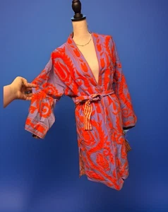 Bestickter Boho Baumwolle Morgenmantel helle Blumen Streifen Resort dicker Hausmantel - Bild 1 von 4