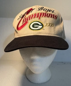 VTG Nutmeg Green Bay Packers Super Bowl XXXI Logo Snapback Hat Beige & Black - Picture 1 of 10