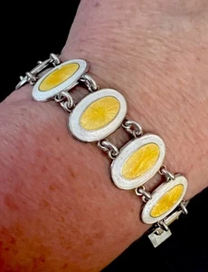 Art Deco Sterling Silver Enamel Yellow &white Bracelet - Bild 1 von 8
