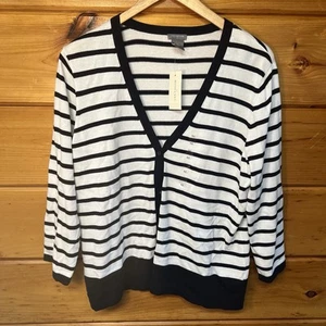 NWT ANN Taylor Womens Cotton White Blue Striped 3/4 Sleeve V Neck Cardigan XL - Picture 1 of 3