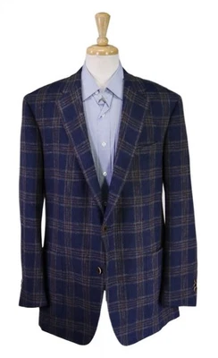 Samuelsohn Blue Brown Plaid Wool Knit Plaid Windowpane Patch Pocket Blazer 48L - Image 1 of 4