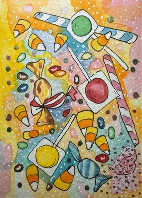 Sugar Rush Candy Corn Halloween ACEO ATC Original Miniature Painting Watercolor - Image 1 of 2