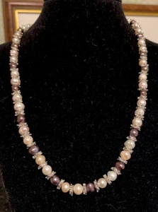 Vintage Natural Tahitian Black & White Pink Pearl Silver Bead Necklace 18 Inch - Picture 1 of 11