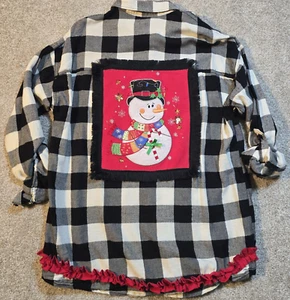 OOAK Upcycled Flannel Shirt Shacket Christmas Snowman Appliques Girl's XL 14 -16 - Picture 1 of 11