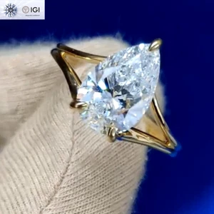 3.00Ct Pear E VS1 IGI Lab Grown Diamond Engagement Ring Solid 14K Yellow Gold - Picture 1 of 10