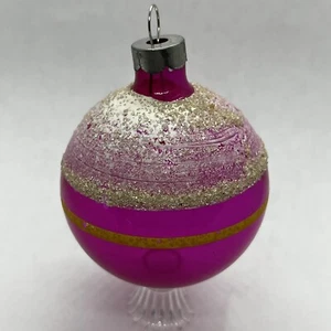 Vintage Pink Glass Frosted Stripe Yellow BALL Christmas Ornament Unsilvered USA - Picture 1 of 12