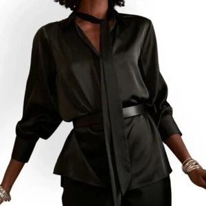 NEW Banana Republic Satin Neck Tie Button Blouse Shirt Navy Blue XL NWT - Picture 1 of 3