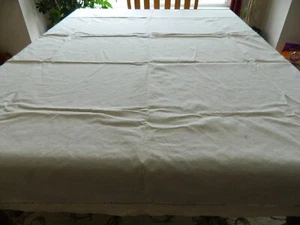 L-23 VINTAGE OFF-WHITE LINEN TABLECLOTH WITH OPEN WORK EDGING INDIA - Picture 1 of 5