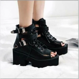 Ladies Gothic Platform Sandals Casual Peep Toe Chunky Heel Lace Up Buckle Shoes - Picture 1 of 6