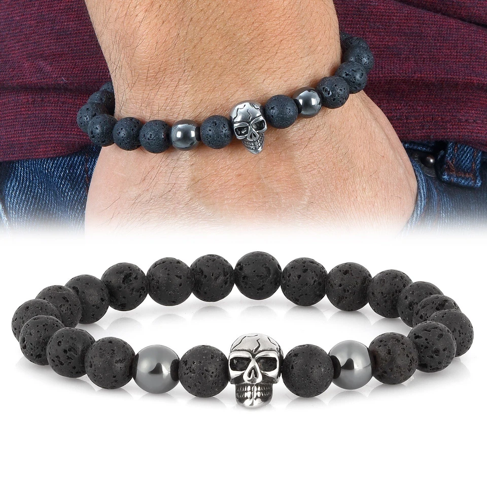 Edelstahl Totenkopf Armband Totenköpfe Perlenarmband Skull Männer Bikerschmuck  - Bild 1 von 4