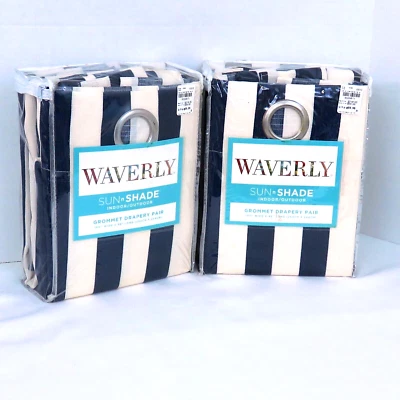 Lote de 2 ojales Waverly Sun n Shade suela a rayas índigo 100" x 96" 4 PANELES Foto 1 de 4