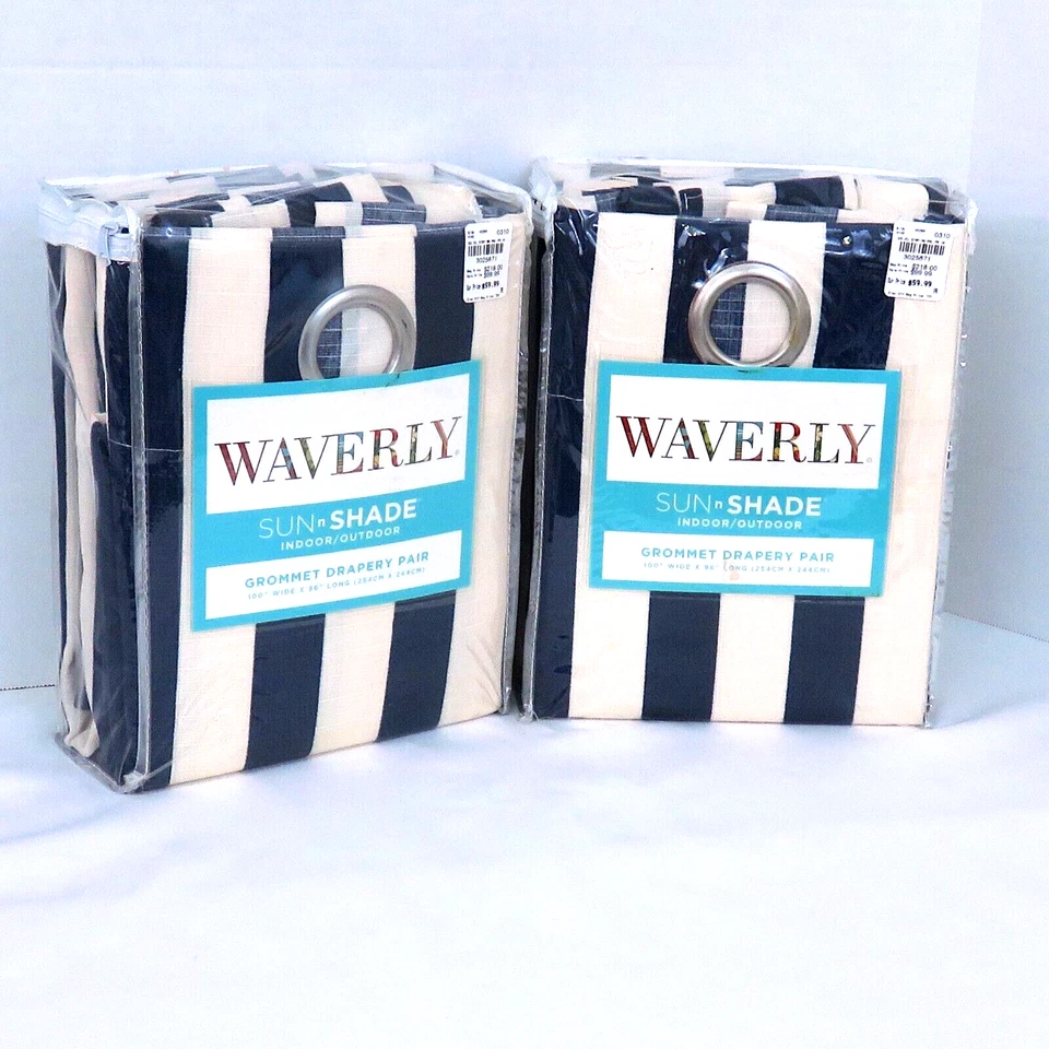 Lote de 2 ojales Waverly Sun n Shade suela a rayas índigo 100" x 96" 4 PANELES Foto 1 de 4