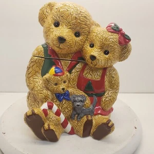 Tarro de galletas de cerámica Bear Family con cachorro celebra la temporada - Imagen 1 de 8