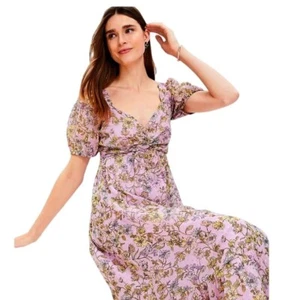 LOFT Floral Maxi Dress Balloon Sleeve Twist Front Metallic Detail Size 4 - Picture 1 of 16