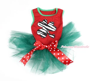 St Patrick's Day Red Sleeveless Zebra Clover Teal Green Pet Dress Dog Outfit - Picture 1 of 1