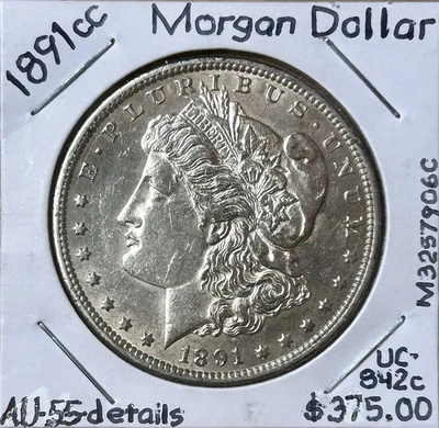 Dólar Morgan 1891-CC 90 % PLATA, $1 AU DETALLES Monedas: EE. UU. Foto 1 de 4