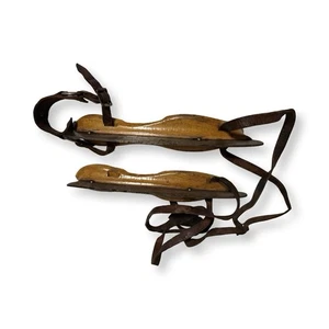 Antique 13” Wooden Ice Skates w/ Original Leather Straps – Size 8 Rustic Pair - Picture 1 of 15