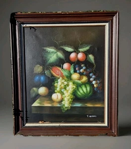 Magnífica pintura vintage de bodegón fruta con fondo negro certificado de autenticidad 24x20" - Imagen 1 de 24