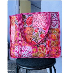 Cotton Quilted Indian Pink Large Tote Bag Shopping Carry Handbag, Shoulder Bag - Picture 1 of 4
