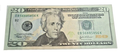 US Twenty Dollar bill Series 2004_EB 56885856 K-Fancy serial Trinary & Bookend - Image 1 of 4