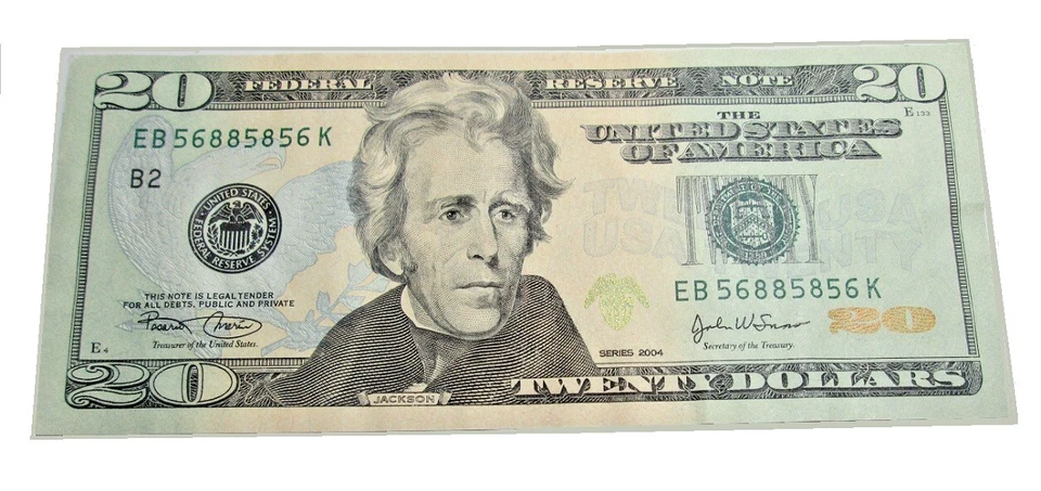 US Twenty Dollar bill Series 2004_EB 56885856 K-Fancy serial Trinary & Bookend - Image 1 of 4