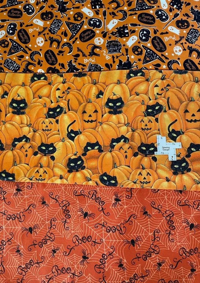 3 件纯棉面料~万圣节套装~35x42英寸每件~猫蜘蛛鬼亮片乐趣~看! — 第 1/1 张图片