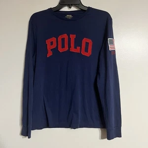 Classic Polo Ralph Lauren American Flag Patch Long Sleeve T-Shirt Size Medium - Picture 1 of 8