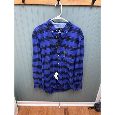 Camisa masculina Tommy Hilfiger manga longa com botões azul preta xadrez tamanho G - Imagem 1 de 4