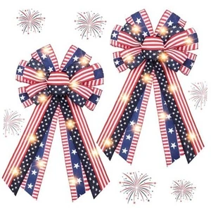 2 Pcs Memorial Day Red White Blue Bows Lighted American Flag Wreath 4th of - Picture 1 of 7