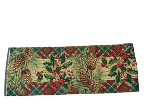 VTG Tapestry Christmas Table Mantel Runner 71”x14” Pinecones Holly Plaid - Picture 1 of 3