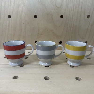Set of 3 WEST ELM Footed 10 Oz Mugs Coffee Tea JAPAN Yellow Gray Coral Stripe - Image 1 of 4