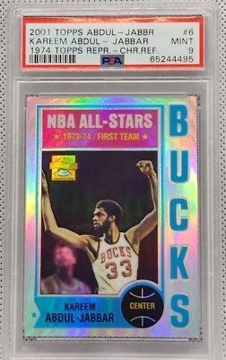 PSA 9 Карим Абдул-Джаббар 2001 Topps Chrome 1974 Перепечатка Переливающаяся No6 Чистая! - Изображение 1 из 2
