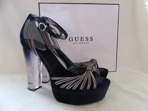 GUESS Peakabo Platform Open Toe Blue Velvet Suede & Pewter Shoes US 8.5 NWB  - Picture 1 of 10