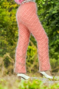 Pink cable mohair pants thick fuzzy hand knitted trousers leggings SUPERTANYA - Picture 1 of 8