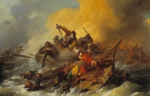 oil painting on canvas " Battle at Sea between Soldiers and Oriental Pirates" - Picture 1 of 1
