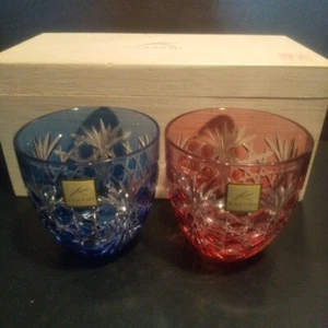 Kagami Crystal Edo Kiriko Hexagonal Kagome Cold Sake Cup Pair Set of 2 w/Box - Picture 1 of 3