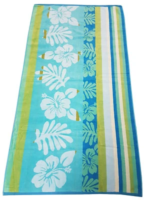 BEACH TOWEL FLOWER STRIPE LEAF BLUE GREEN LIME TEAL JUMBO BATH SHEET 100% COTTON - Image 1 of 2