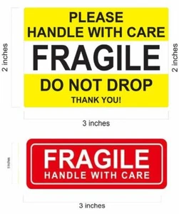 1 x 3 RED FRAGILE STICKERS / DO NOT DROP YELLOW FRAGILE STICKER HANDLE WITH CARE - Picture 1 of 4