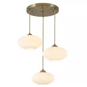 Large White Ribbed Glass Pendant Light Modern 3-Light Cluster Pendant Lightin... - Picture 1 of 7
