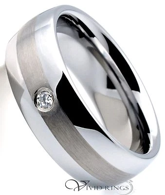 男式钨婚戒拉丝中心 CZ 戒指 尺寸 7.5 至 14.5 — 第 1/2 张图片