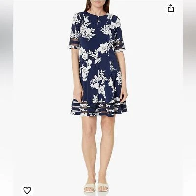 Jessica Howard Womens Floral Dress Size 4 Petite Elbow Sleeves Navy/White Lined - Image 1 of 4