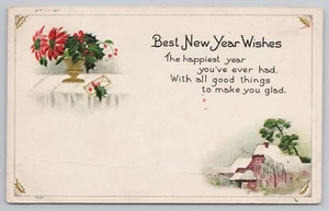 Deseos de Año Nuevo Escena de Invierno Poinsettias Centro de Mesa Letra Acebo 1915 - Imagen 1 de 2