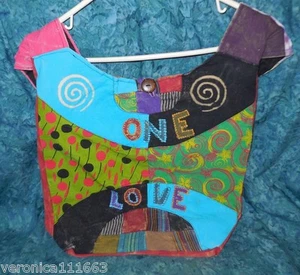 One Love Purse Tablet Book File Bag NEW Patch work multi color Zipper Cotton 14" - Imagen 1 de 4