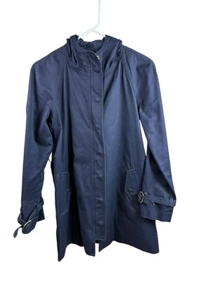 Abrigo J.Crew para mujer 2 azul marino con capucha zanja puños con cinturón cremallera bolsillos a presión hebillas Foto 1 de 4
